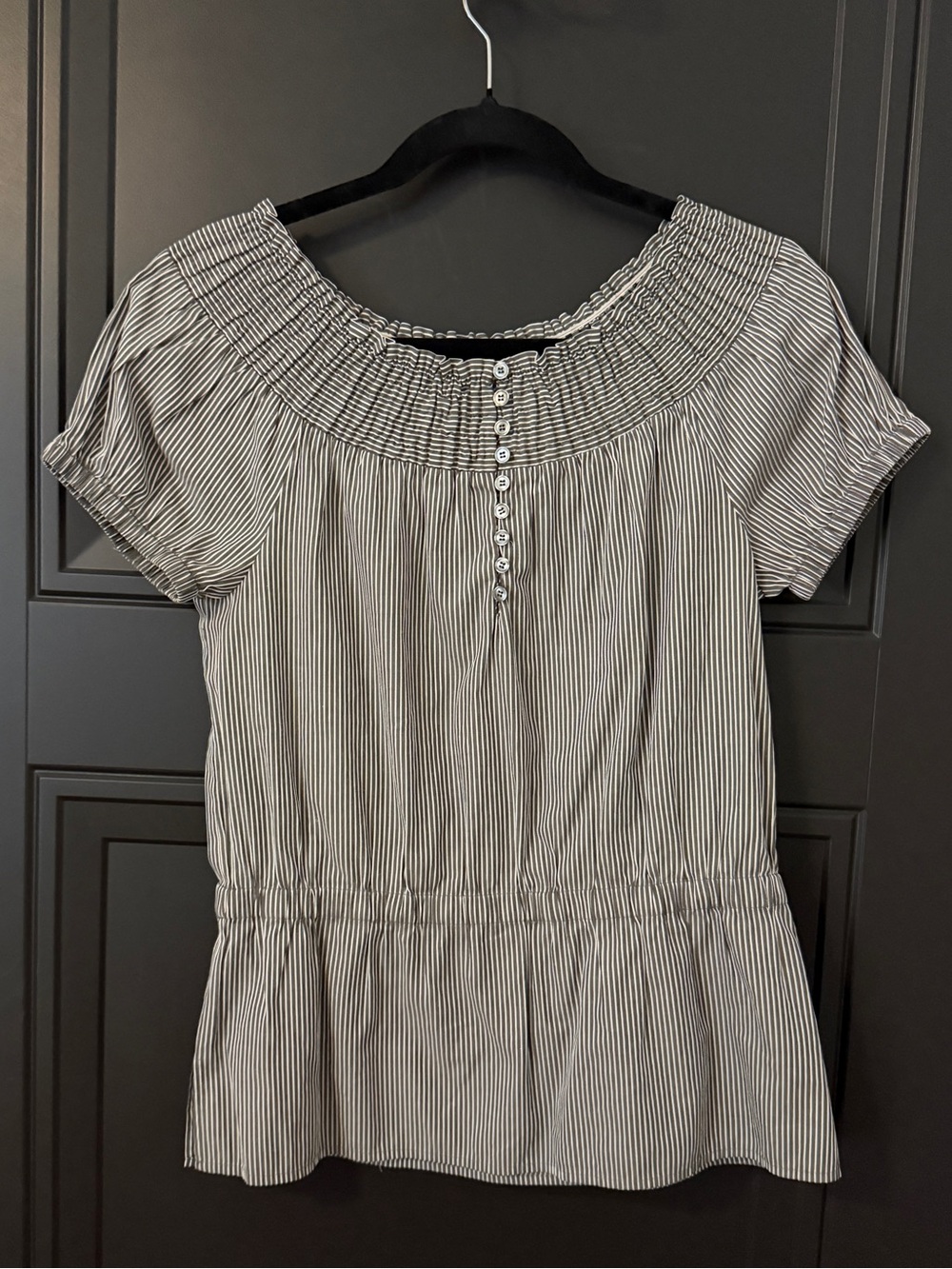 Striped button down cinched waist blouse